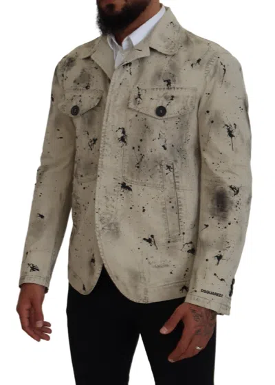 Pre-owned Dsquared2 Dsquared² Off White Black Splash Print Casual Denim Men's Jacket ()