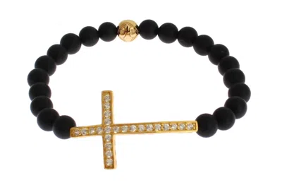 Nialaya Chic Matte Onyx Bead & Cz Diamond Cross Women's Bracelet In Black