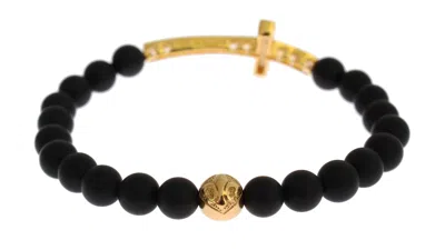 Nialaya Chic Matte Onyx Bead & Cz Diamond Cross Women's Bracelet In Black