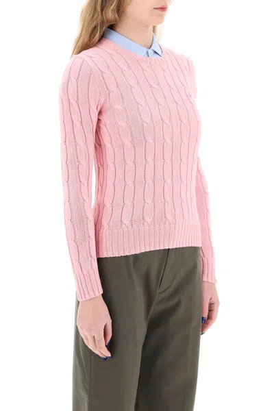 Polo Ralph Lauren Womens Pink V-neck Logo-embroidered Cable-knit Cotton Jumper Xl In Pink