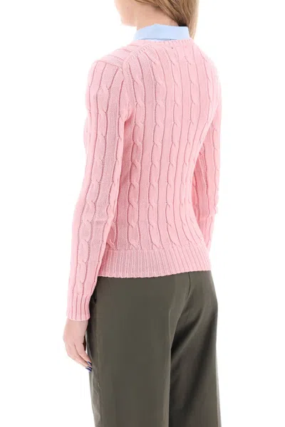 Polo Ralph Lauren Womens Pink V-neck Logo-embroidered Cable-knit Cotton Jumper Xl In Pink