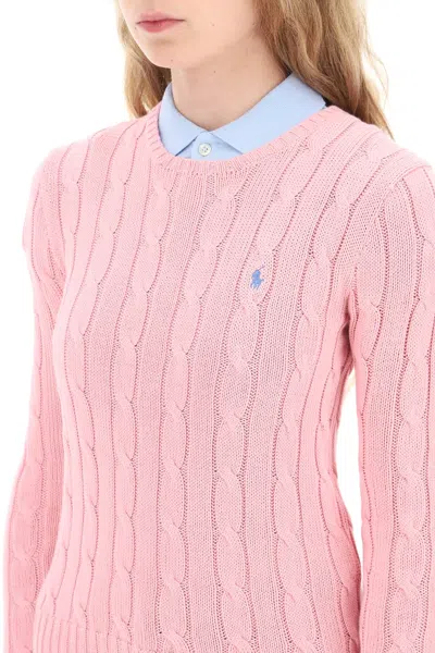 Polo Ralph Lauren Womens Pink V-neck Logo-embroidered Cable-knit Cotton Jumper Xl In Pink