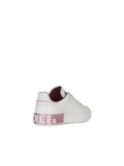 Dolce & Gabbana Portofino White And Pink Low Top Sneakers With Logo In Leather Woman In White