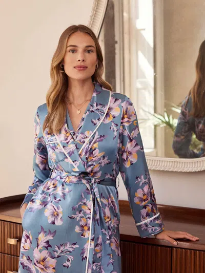 Derek Rose Women's Long Dressing Gown Silk Satin Blue Wildflower Pattern In Blue
