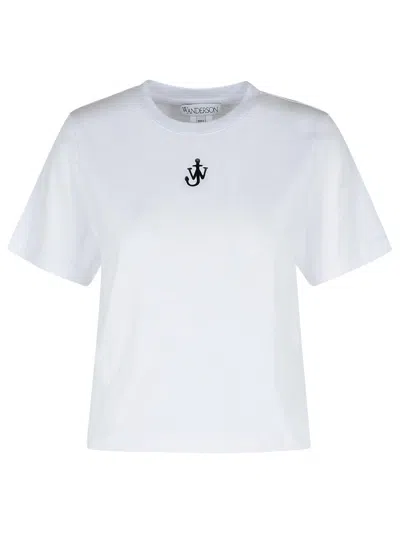 Jw Anderson Mens White Anchor-embroidery Crop Cotton-jersey T-shirt In White
