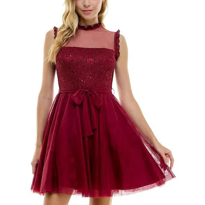 City Studio Juniors Womens Ruffled Mesh Fit & Flare Dress In Red