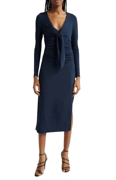 Cinq À Sept Brenna Knot-tie Gathered Crepe Midi Dress In Blue