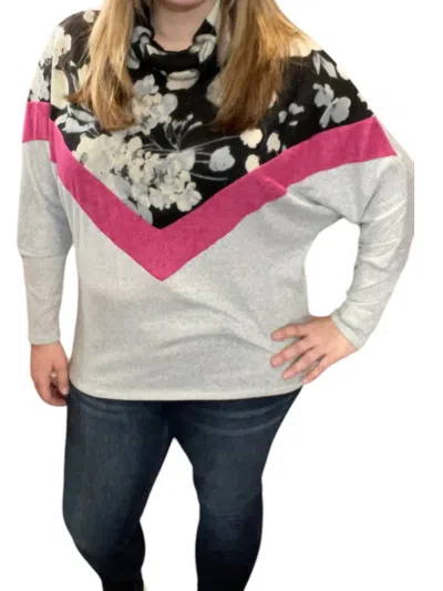 Honeyme Floral Chevron Cowlneck Sweater In Black/grey In Multi