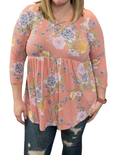 Honeyme Babydoll With Criss Cross Accents Tunic Top In Coral In Pink