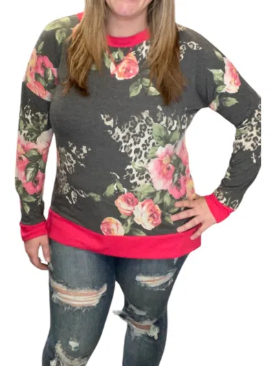 Honeyme Floral Leopard Weekender Tee In Charcoal In Pink
