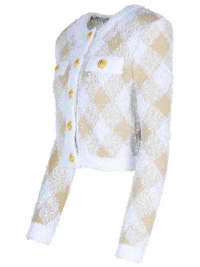 Balmain Vichy Check Tweed Knit Crop Jacket In Beige