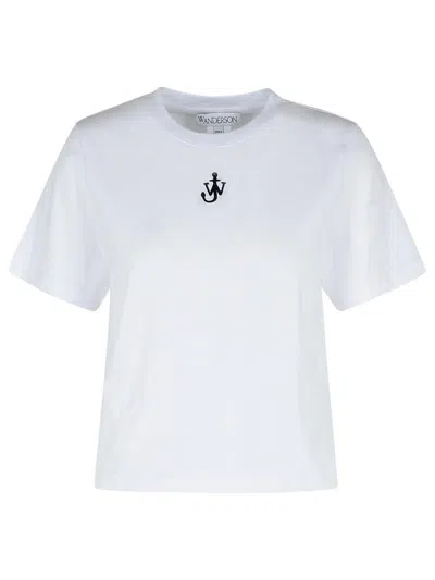 Jw Anderson Mens White Anchor-embroidery Crop Cotton-jersey T-shirt In White