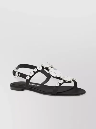 Dolce & Gabbana Women Black Sandals With Embroidered Stones Decorations In Satin Woman