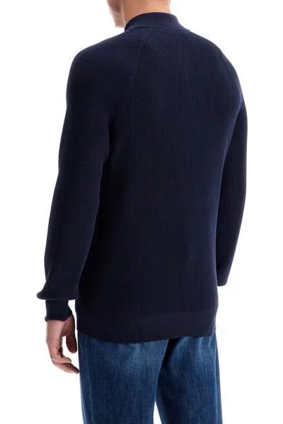 Brunello Cucinelli Cotton Rib Knit Polo Shirt With Long Raglan Sleeve
