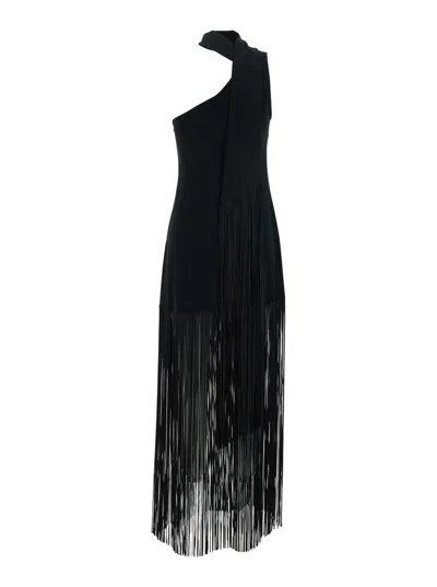 Taller Marmo 'atlanta' Black Long Dress With Asymmetric Neck And Fringed Detail In Viscose Blend Stretch Woman In Black