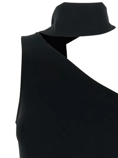 Taller Marmo 'atlanta' Black Long Dress With Asymmetric Neck And Fringed Detail In Viscose Blend Stretch Woman In Black