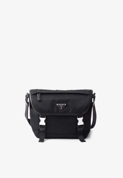 Prada Triangle Logo Re-nylon And Saffiano Leather Shoulder Bag In Black