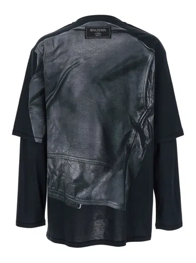 Balmain Leather Trompe L'œil Ls T-shirt In Black