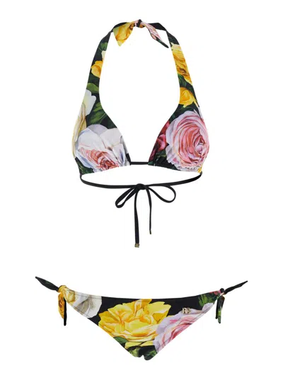 Dolce & Gabbana Black Floral-print Bikini Set In Multicolor