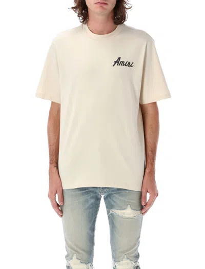 Amiri City Beige Crewneck T-shirt With Logo Detail On The Front And Maxi Logo Print On The Rear In Cotton  In Neutral