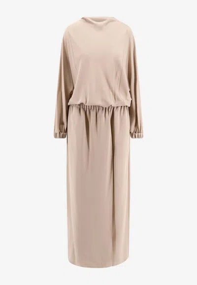 Giorgio Armani Silk Long-sleeved Midi Dress In Beige