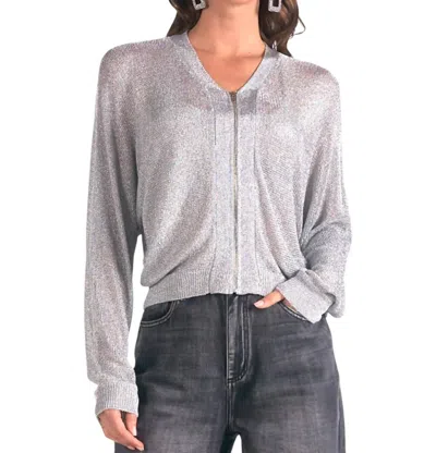 Elan Zip Front Knit Cardigan In Silver In Silver