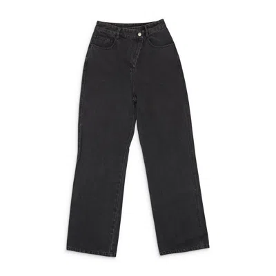 Callipygian Washed Wide Leg Slanted Fly Black Wide-leg Jeans In Black