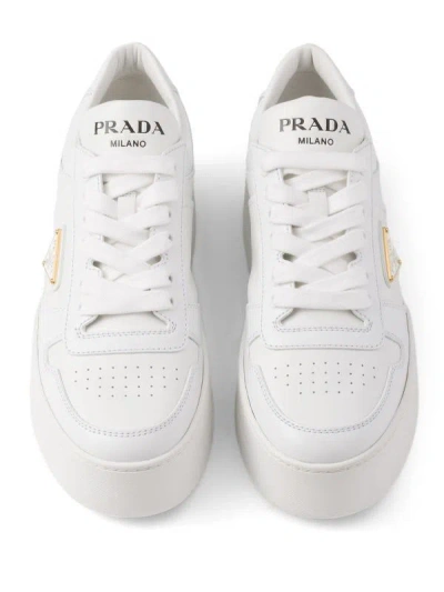 Prada Downtown Bold Leather Platform Sneakers In White