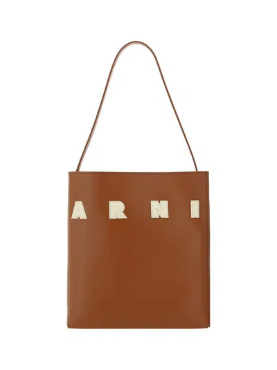 Marni Tote Bag With Elegant Lettering And Sophisticated Design In Brown