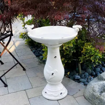 Quikfurn Outdoor Off-white Ceramic Birdbath In Light-brown Antique Finish