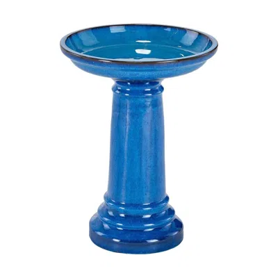 Quikfurn 2 Gallon Blue Ceramic Traditional Outdoor Patio Garden Birdbath