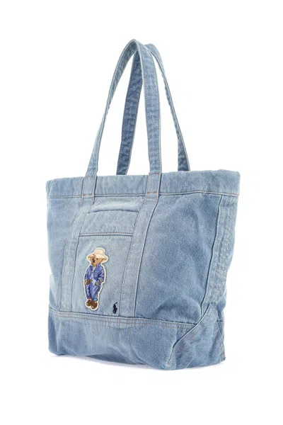 Polo Ralph Lauren Medium Denim Polo Bear Tote Bag In Blue