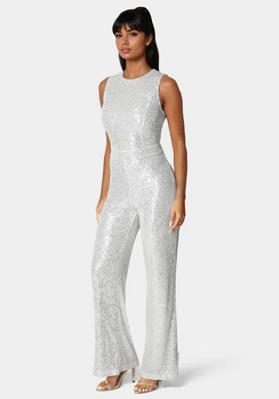 Bebe Sequin Jumpsuit In Silver