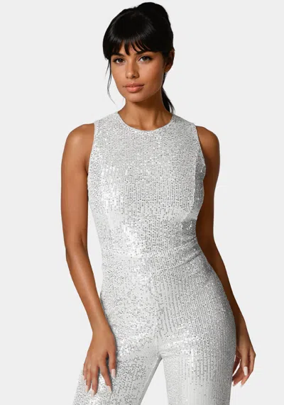 Bebe Sequin Jumpsuit In Silver