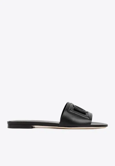 Dolce & Gabbana Embellished Leather Slide Slippers In Black