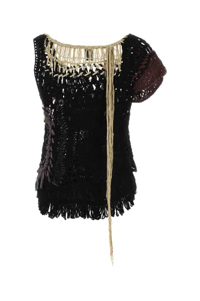 Dries Van Noten Fringed Crochet Knit Top In Black