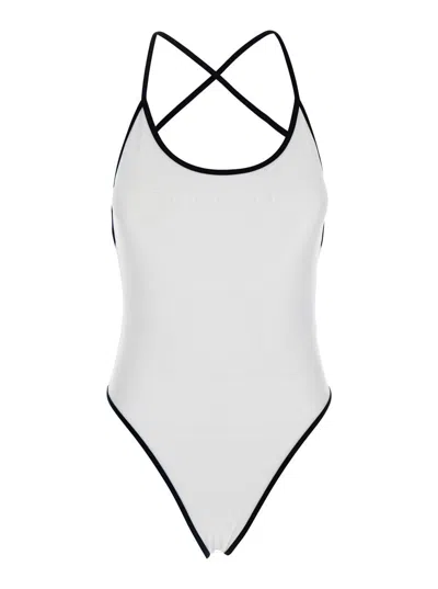 Philosophy Di Lorenzo Serafini White Costume With Crossed Straps And Lettering Logo In Tech Fabric Woman In White