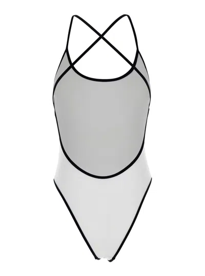 Philosophy Di Lorenzo Serafini White Costume With Crossed Straps And Lettering Logo In Tech Fabric Woman In White