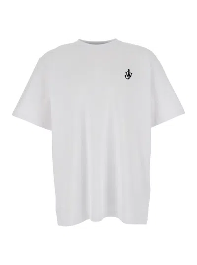 Jw Anderson Men White Crewneck T-shirt With Logo Embroidery On The Front In Cotton Man In White