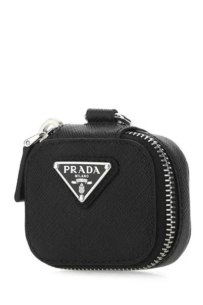 Prada Black Leather Air Pods Case In Black