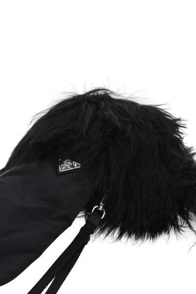 Prada Nylon And Nappa Leather Gloves With Fur Trim In Black