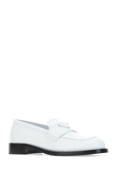 Prada Calf Leather White Loafers With Logo Embellishment In White