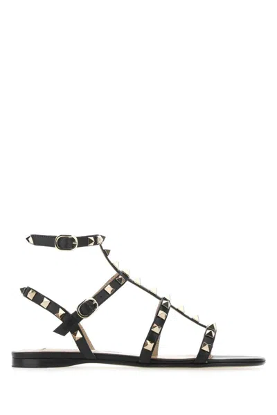 Valentino Garavani Rockstud Flat Calfskin Sandal With Straps Woman Black 41.5 In Black