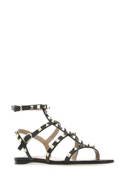 Valentino Garavani Rockstud Flat Calfskin Sandal With Straps Woman Black 41.5 In Black