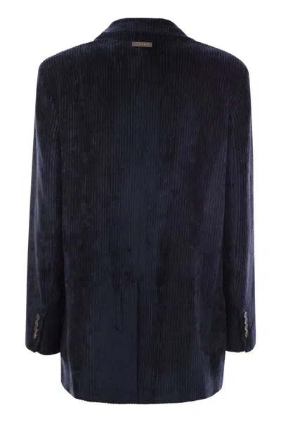 Peserico Double-breasted Velvet Blazer With Classic Lapels In Navy