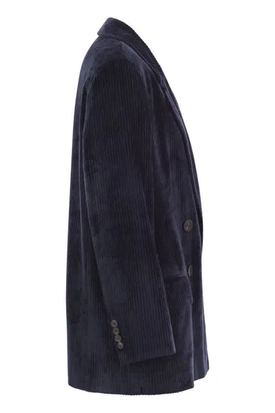 Peserico Double-breasted Velvet Blazer With Classic Lapels In Navy
