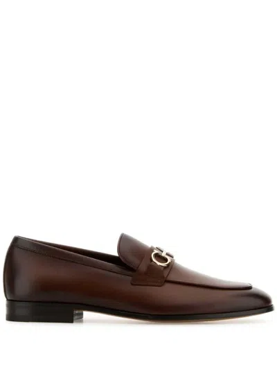 Ferragamo Florio Leather Loafer With Gancini Detail In Brown
