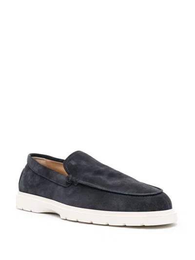 Tod's Blue Suede Moccasin With White Rubber Sole In Blue