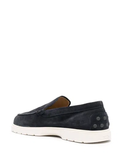 Tod's Blue Suede Moccasin With White Rubber Sole In Blue