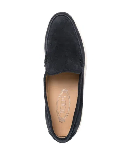 Tod's Blue Suede Moccasin With White Rubber Sole In Blue